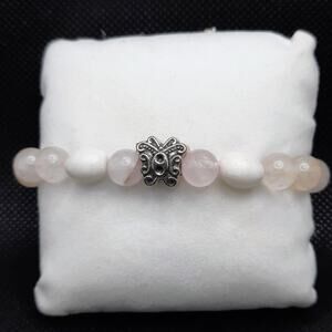 Rose Quartz Beaded Bracelet Artisan Soft Pink Gemstone Tibetan Silver Butterfly